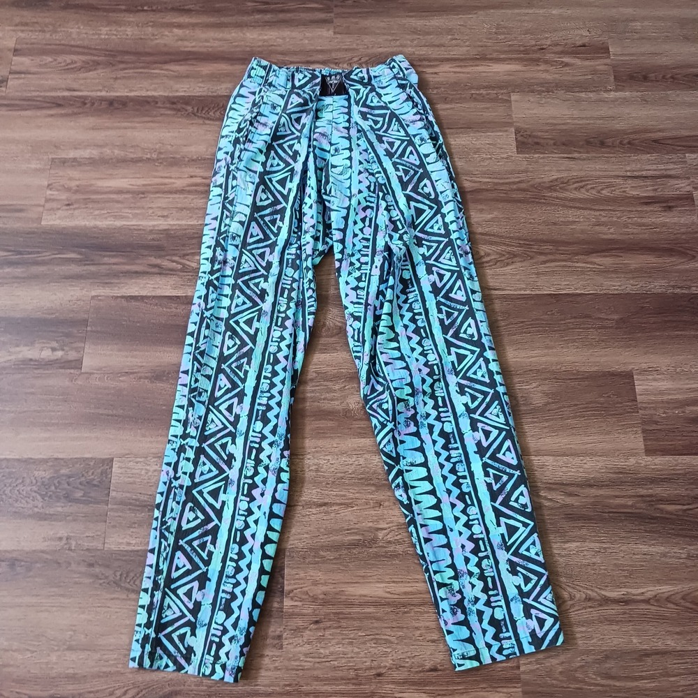 Vintage Liberated Wear 90s Geometric Tribal Print Pants Mens Medium Teal Purple